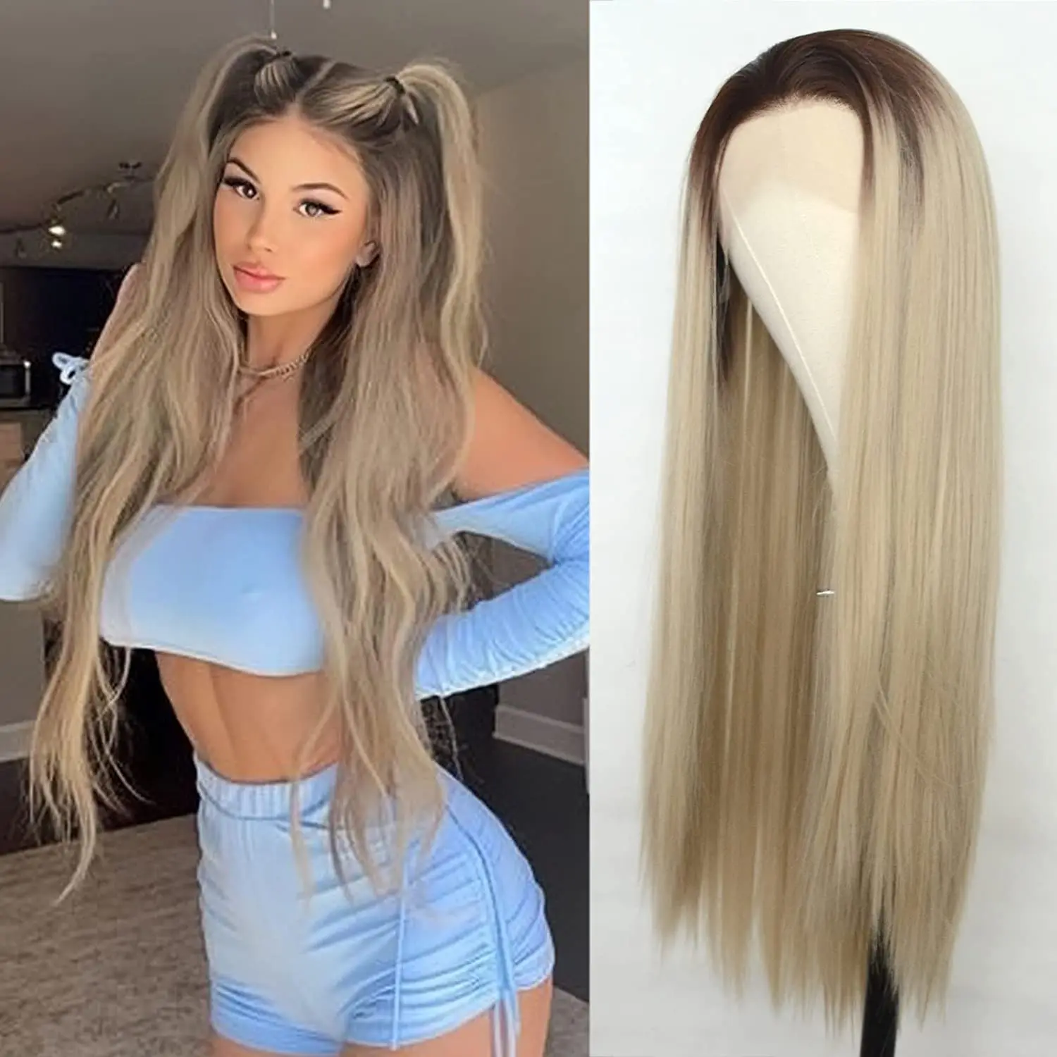 

30 Inch Ombre blonde Slik Straight Lace Front Wig Long Synthetic Lace Front Wig For Black Women With Babyhair Heat Safe Cosplay