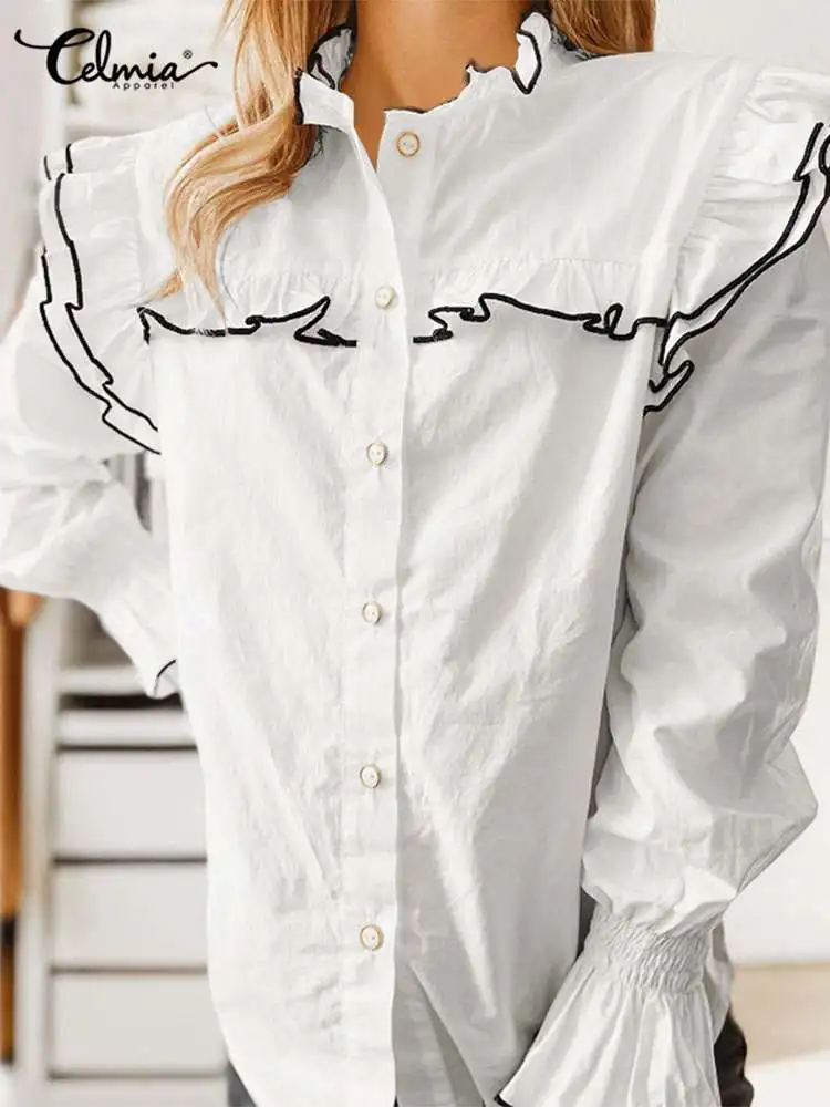 

Женская Осенняя модная блузка Celmia с длинным рукавом, элегантные офисные топы с воротником-стойкой, повседневные свободные рабочие блузки на пуговицах