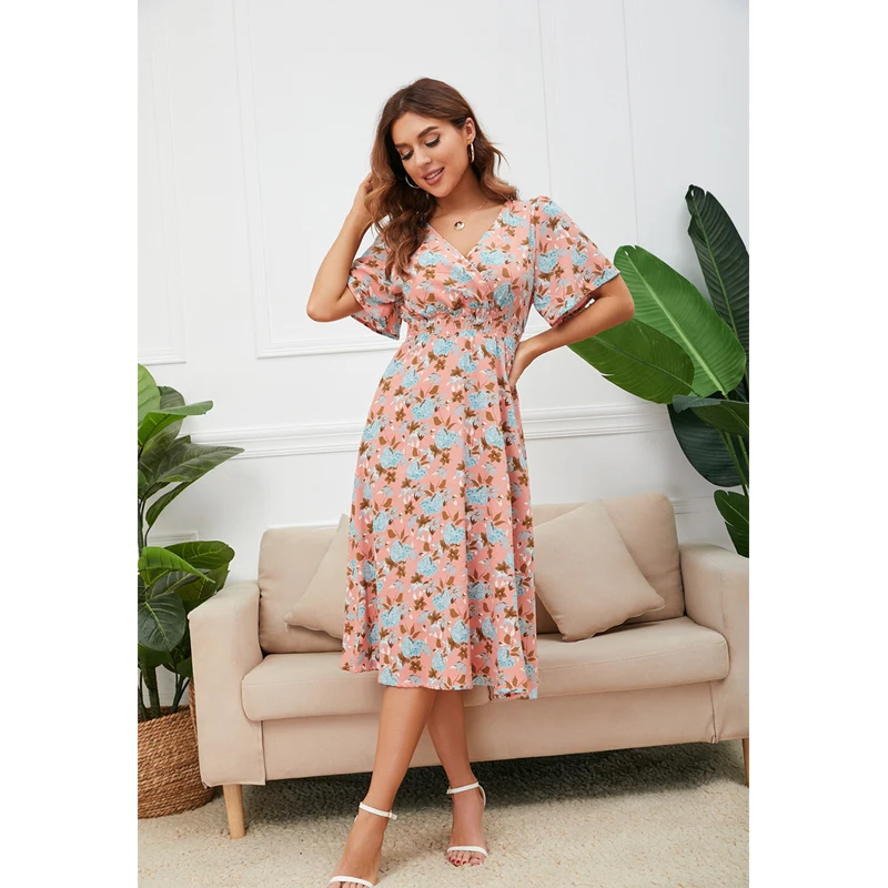 

Chiffon Dress Summer Dress 2022 Retro Yellow Red Floral Print Female Casual V-neck Short-sleeved A-line Beach Long Robe Dress