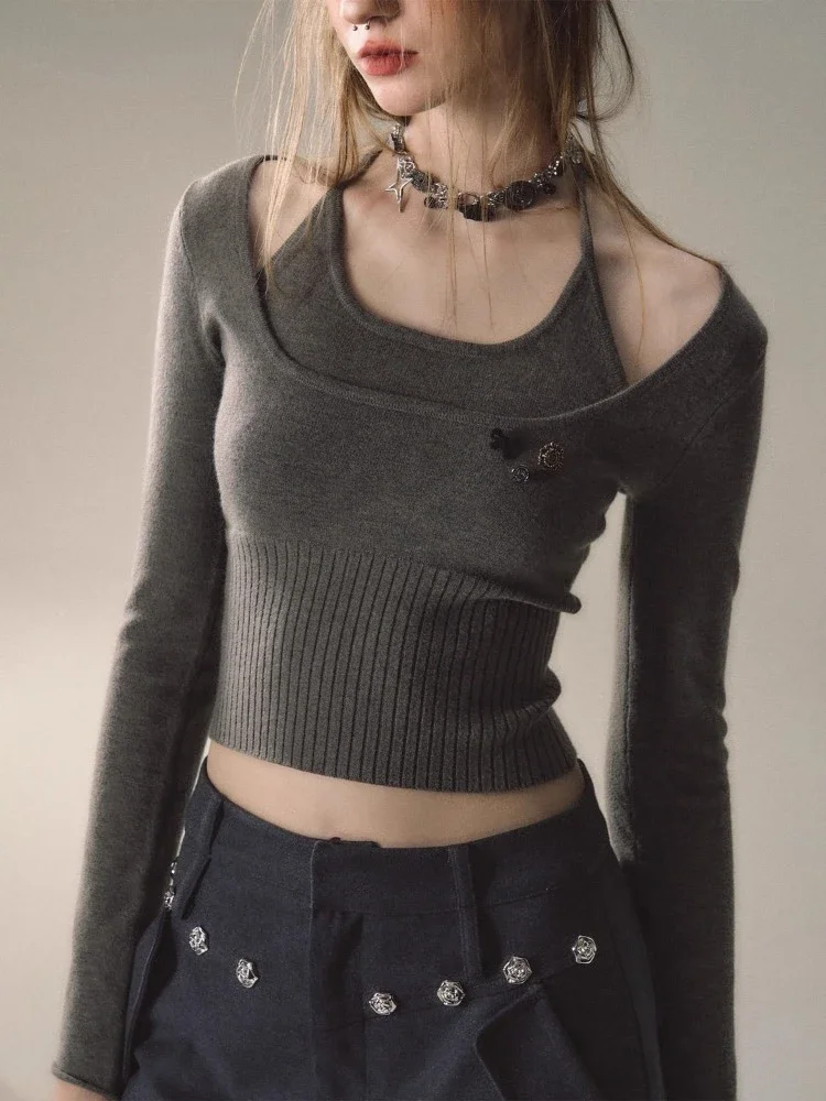 Женские облегающие пуловеры Y2k с имитацией двух предметов винтажные