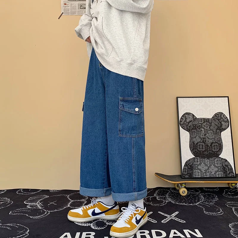 Blue Black Pocket Jeans Men Fashion Casual Wide Leg Jeans Men Streetwear Loose Hip Hop Straight Cargo Denim Pants Mens Trousers