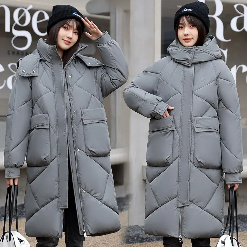 

Down cotton jacket women's diamond lattice mid-length winter new fashion foreign style hooded cotton coat