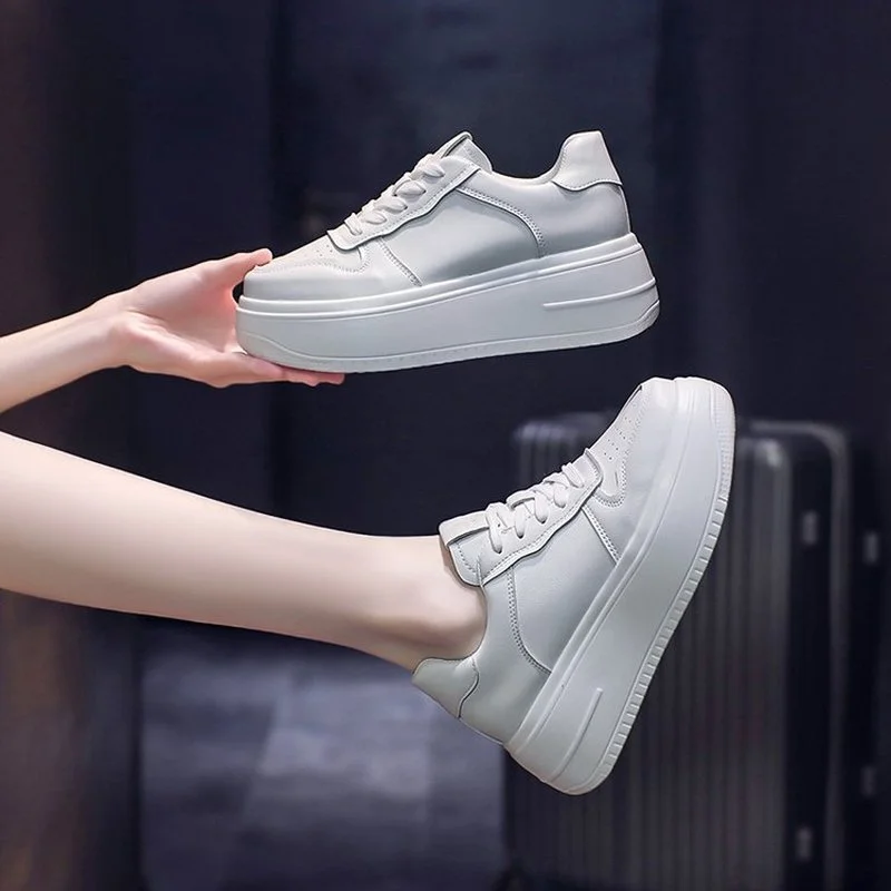 

Sports Muffin Bottom White Shoes Women's Thick Bottom Heightened Spring New Elevator Shoe All-match Lace-up Casual Shoes