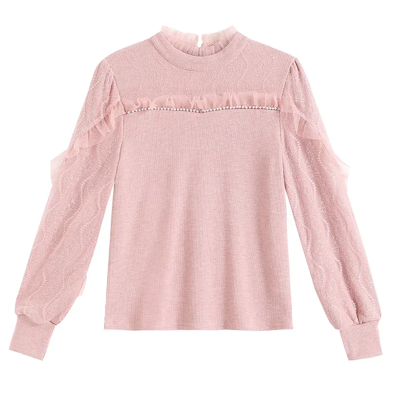 Модная кружевная женская блузка с длинным рукавом рюшами и бисером рубашка