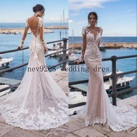 elegant beaded lace backless mermaid wedding dresses v neck applique backless bridal gowns sweep train long sleeve custom made