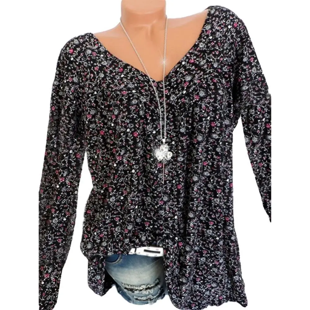 

Autumn Plus Size Causals Floral Print V Neck Long Sleeve Women Loose T-Shirt Top