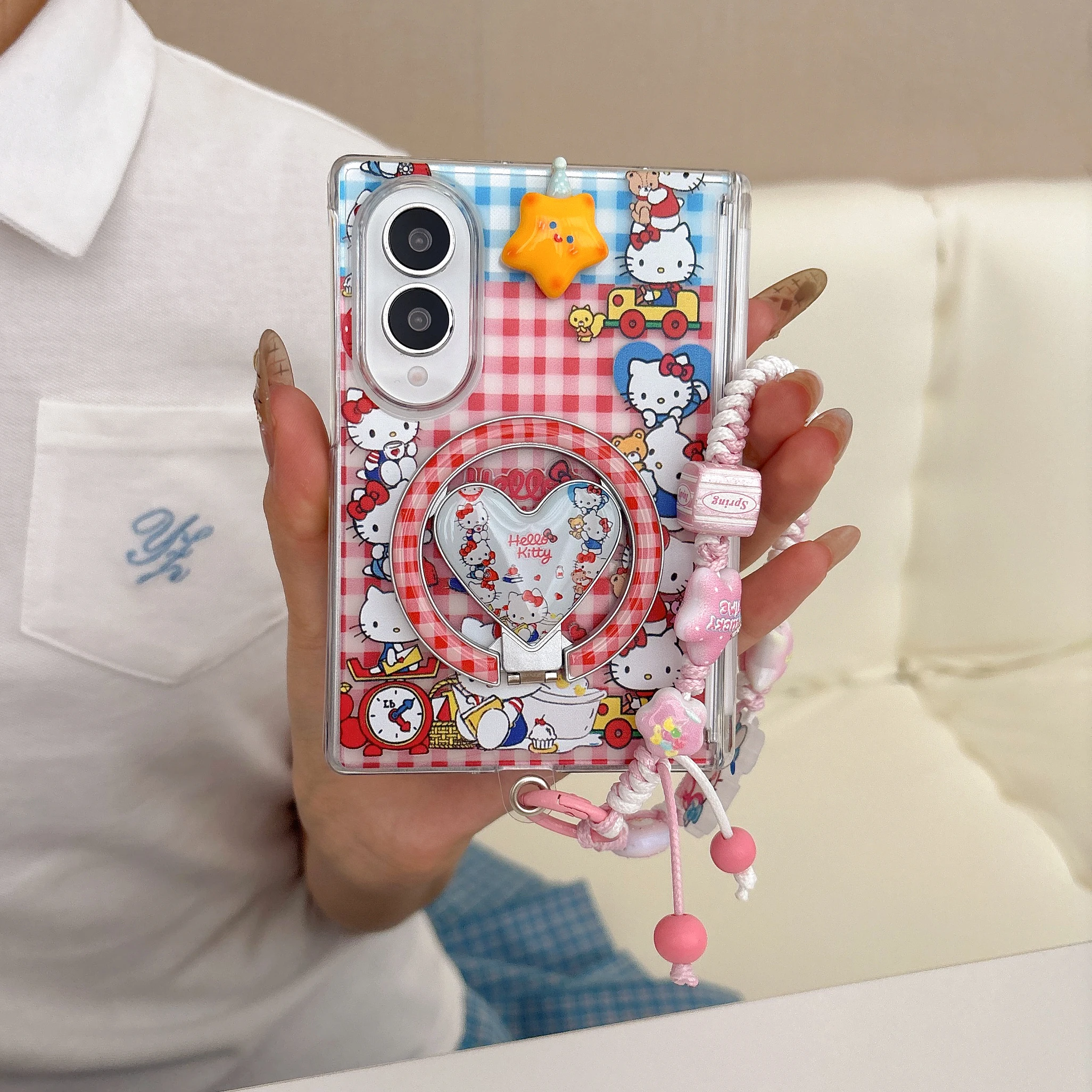 Корейский чехол с милым принтом котенка в красно-белую клетку для Samsung Galaxy Z Fold 8 7 6 5 Z Fold 8 Ultra с магнитной подставкой в форме сердца и цепочкой в мультяшном стиле. (art.: 3920dcd552acf) - 3920dcd552acf