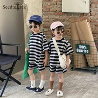 summer casual childrens sets 1 6y boys girls stripe round neck short sleeve t shirt elastic waist shorts two pieces suit kids