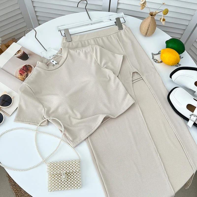 

Женский комплект из юбки с круглым вырезом, элегантный однотонный комплект в Корейском стиле с юбкой с разрезом и коротким топом с подкладкой, лето