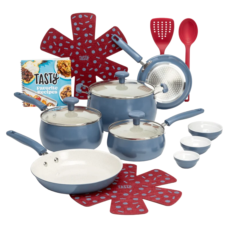 

NEW Ceramic 16 Piece Non-Stick Aluminum Cookware Set, Slate Blue Cookware Set Cooking Pots and Pans Set Include Frying Pans