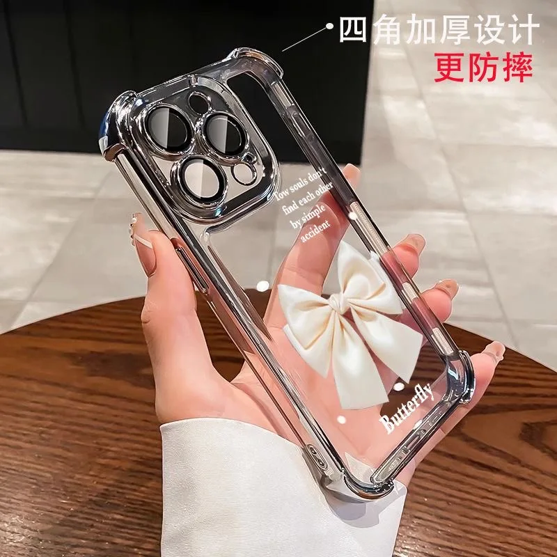 INS Simple White Bow Plating Case For Xiaomi 14 14Pro 13 13Pro Poco F4 F5 X5 X3 4G 5G Shockproof Anti-Fall Armor Cover