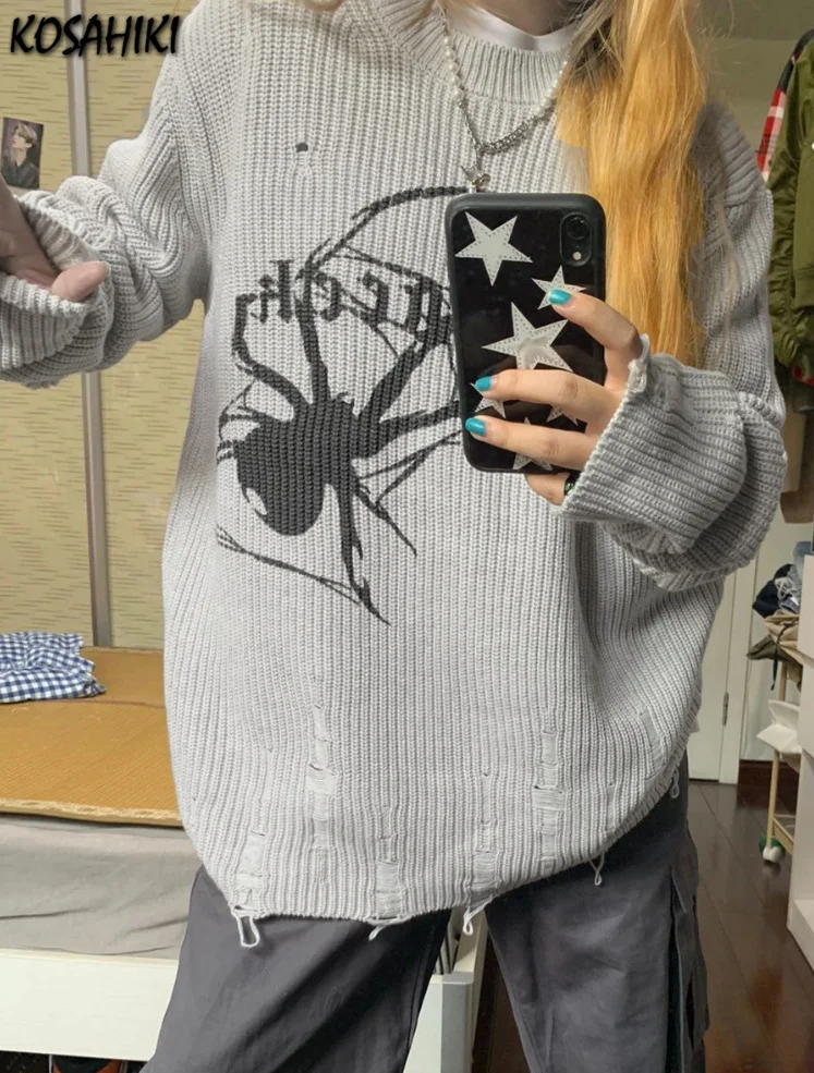 

Spider Print Harajuku Thick Sweater Women Gothic Vintage Ripped Grunge Y2k Jumper Streetwear Korean Oversize Hiphop Pullover
