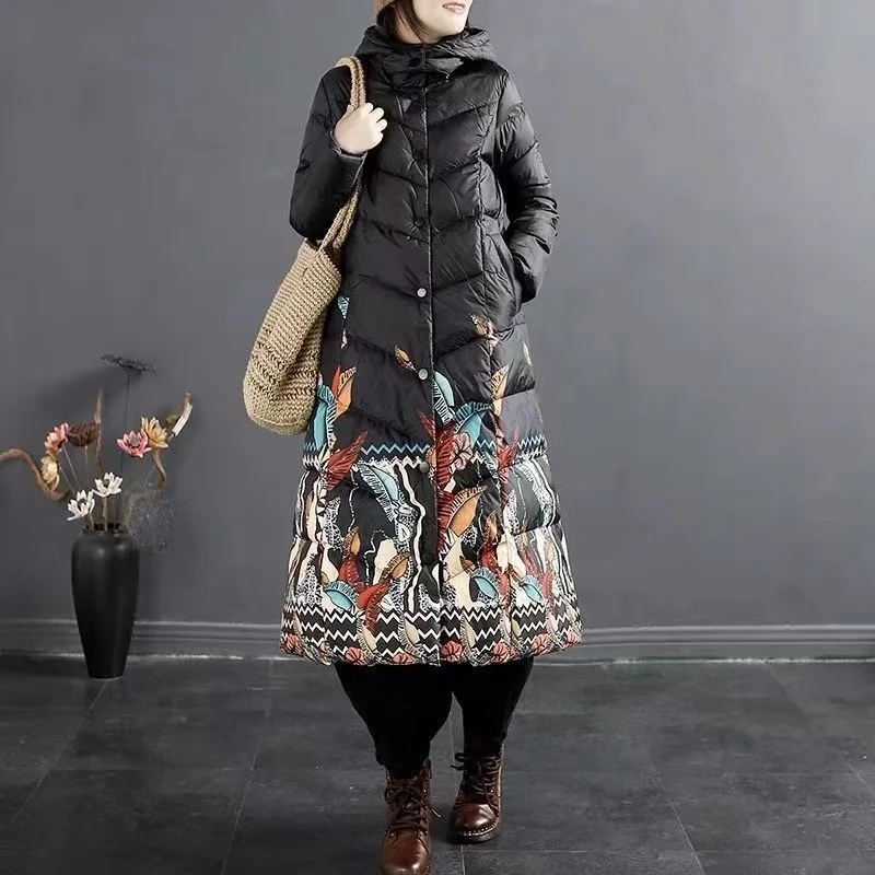 Removable Hood Down Jacket Women's Long Thickened Ethnic Style Print Winter New Coat