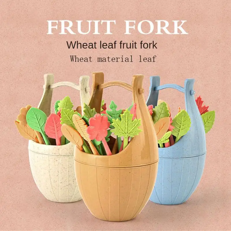 

Simulated Leaf Wooden Barrel Fruit Fork Sets /sets Nordic Color Barrel Shape Snack Fork Sets Creative Dessert Fork Sets