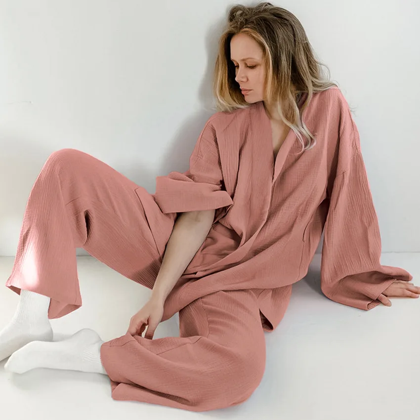 BKQU 100% Cotton Women's Nightgown Robe Pajama Sets Flare Trouser Suits Drop Sleeves 2 Pieces Bathrobe For Women Sleepwear