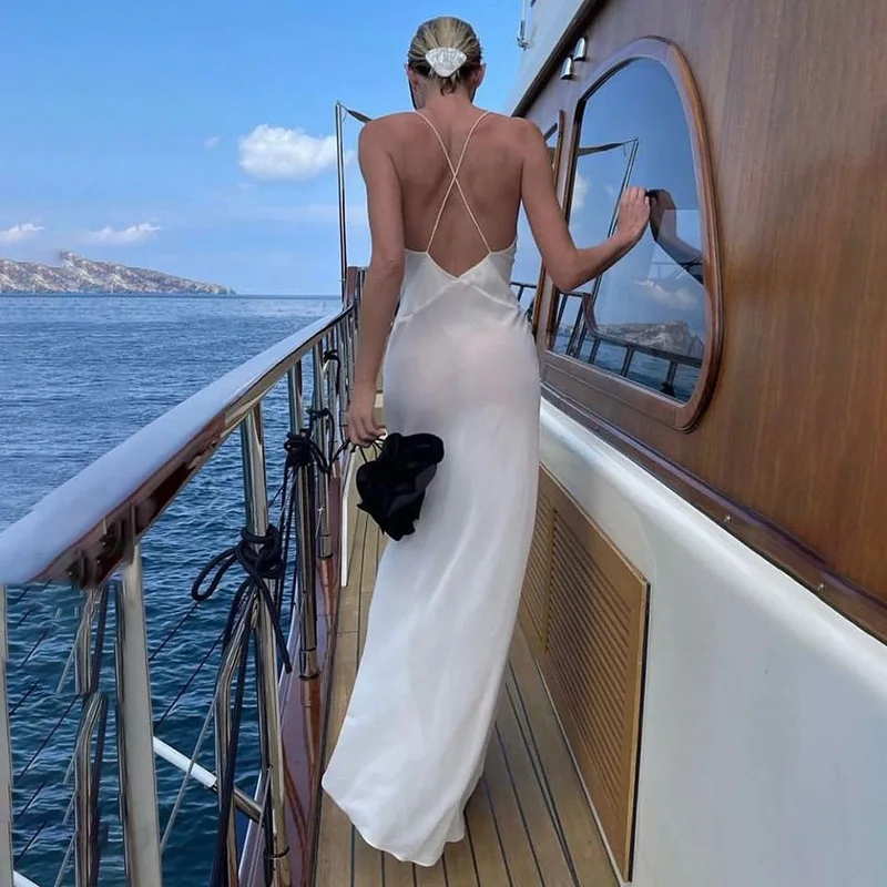 

Белое шифоновое прозрачное длинное платье, женское пикантное облегающее пляжное платье на бретелях-спагетти, элегантное вечернее платье макси без рукавов, летнее платье