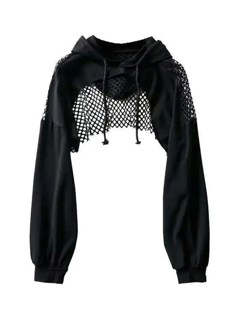 

Black Hoodies Women Sexy Hollow Out Long Sleeve Crop Tops Mesh Patchwork Short Sweatshirt Hooded Streetwear Fall Tops
