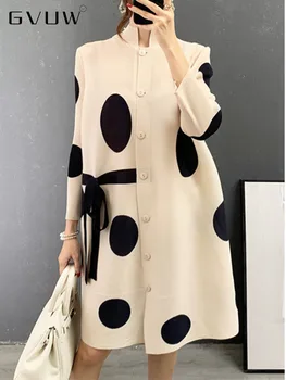 GVUW Stand Collar Pleated Dress 2023 Autumn Single Breasted Drawstring Dot Printing Festival Clothing Women Elegant 25D1062 1