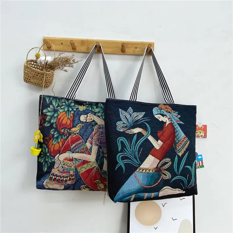 British retro ladies canvas bag ethnic style large-capacity handbags student canvas shoulder bags reusable ladies shopping bags
