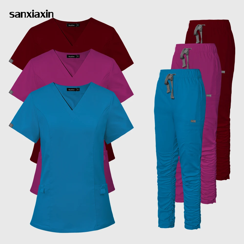 

Hospital Nursing Suits Workwear V-neck Womens Medical Scrubs Set Clinical Uniform Short Sleeved Tops Pants Lab Working Clothes