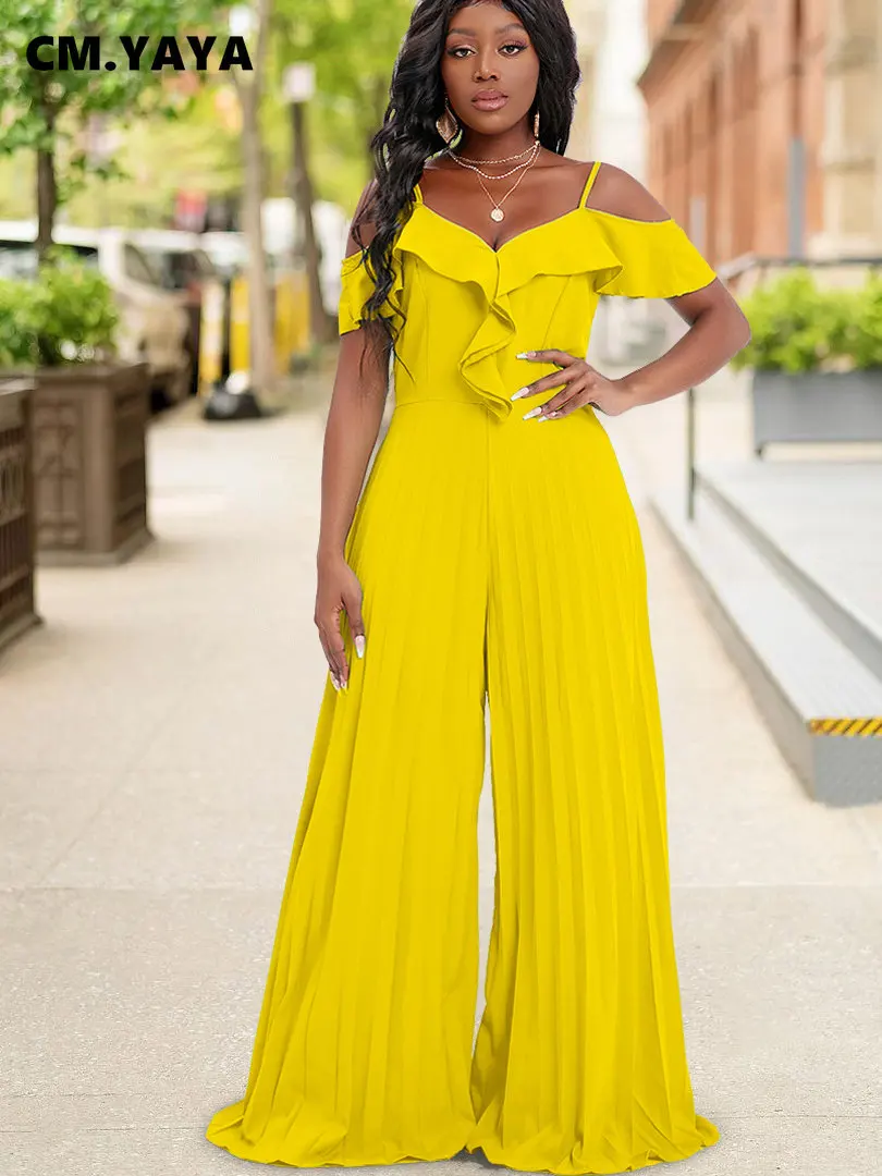 

CM.YAYA Women Pleated Loose Jumpsuits Ruffles Loose Wide Leg Rompers Female Sexy Party Evening One Piece Overalls Summer Outfit