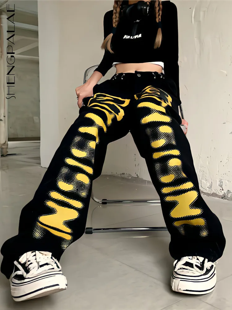 

Женские джинсы с принтом SHENGPALAE, черные уличные винтажные прямые повседневные брюки с высокой талией, широкие мешковатые брюки R1066