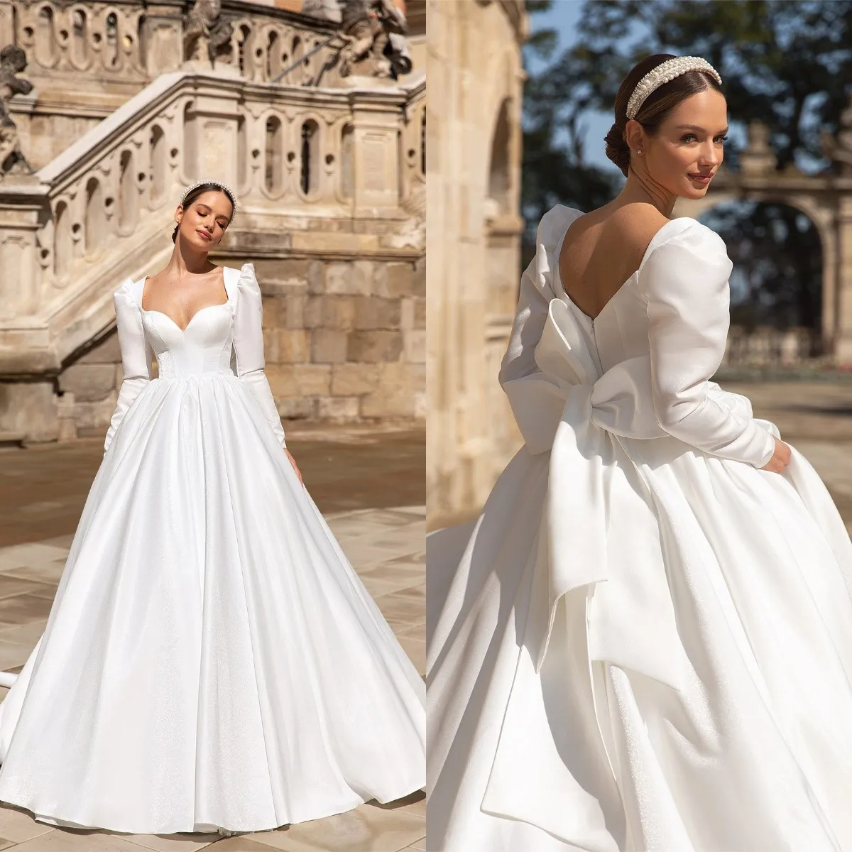 

Женское атласное платье с бантом, винтажное свадебное платье с длинным рукавом,