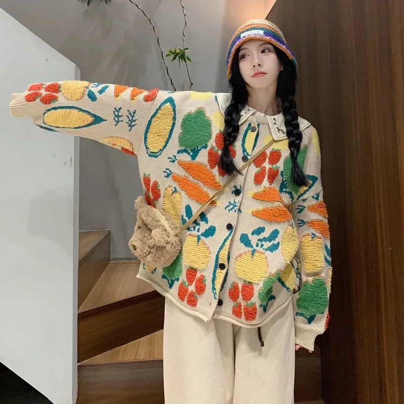 Плотный жаккардовый контрастный теплый свитер Mori кардиган Женская куртка осень