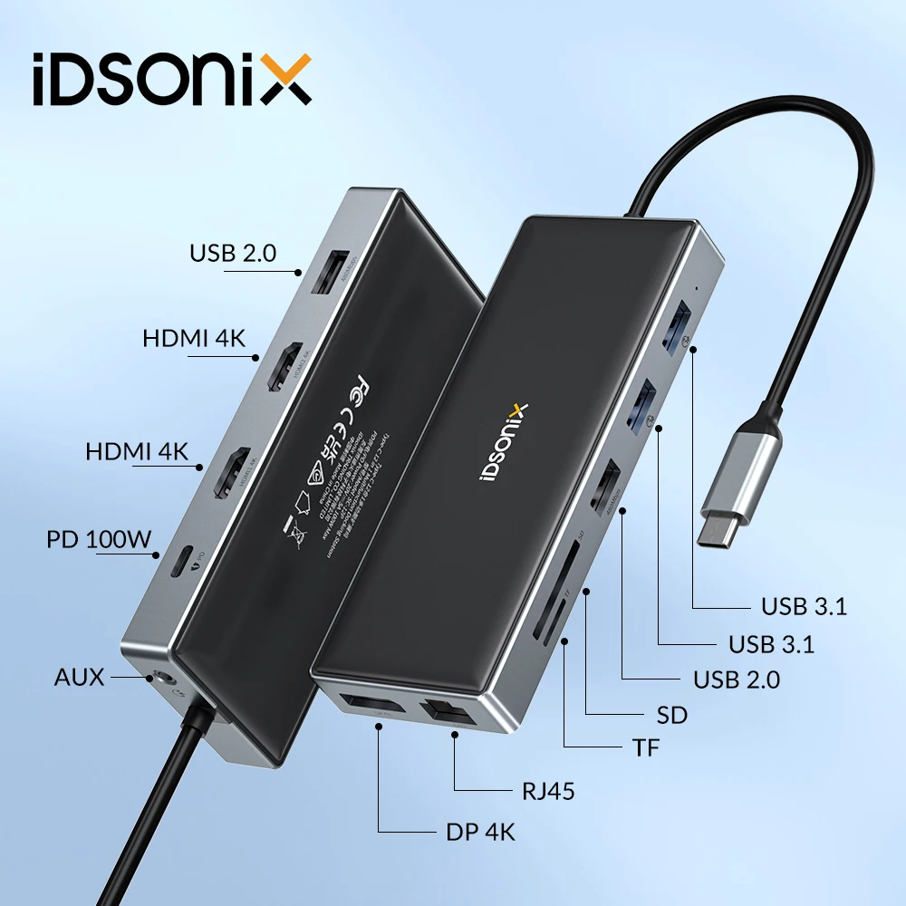 

IDsonix 12 in 1 Docking Station Usb Hub Type C 4k 30hz Hub PD100W 10Gbps Multiport Adapter SD TF Splitter With For MacBook Pro