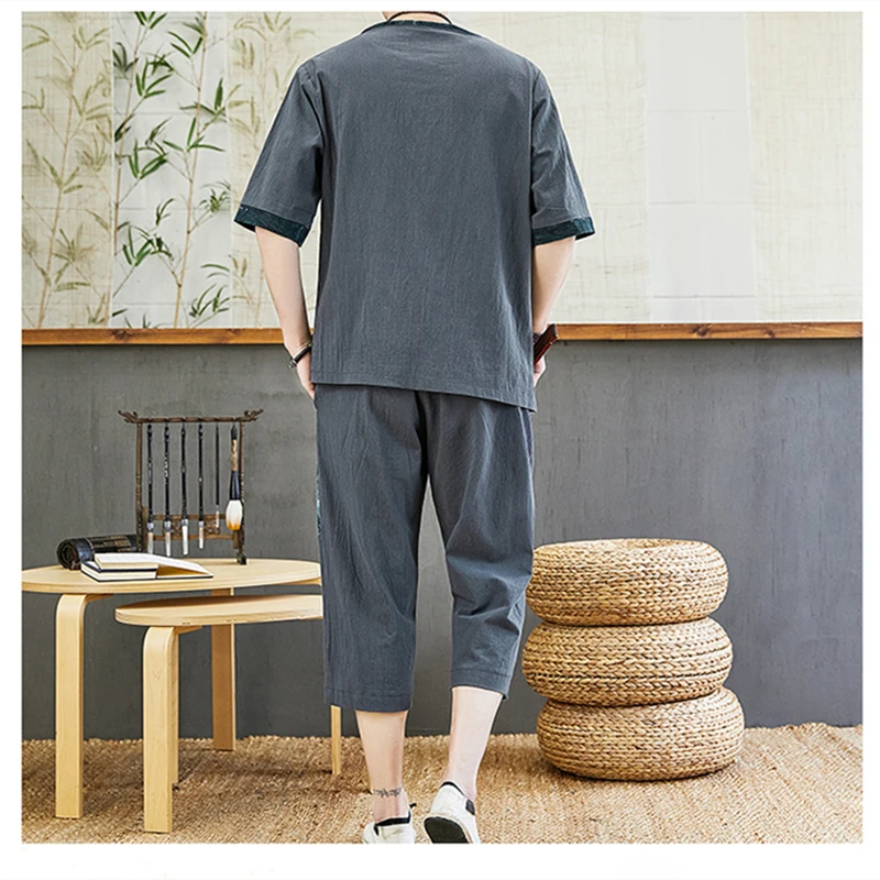 Мужской комплект из футболки с коротким рукавом и брюк хлопка льна - купить по