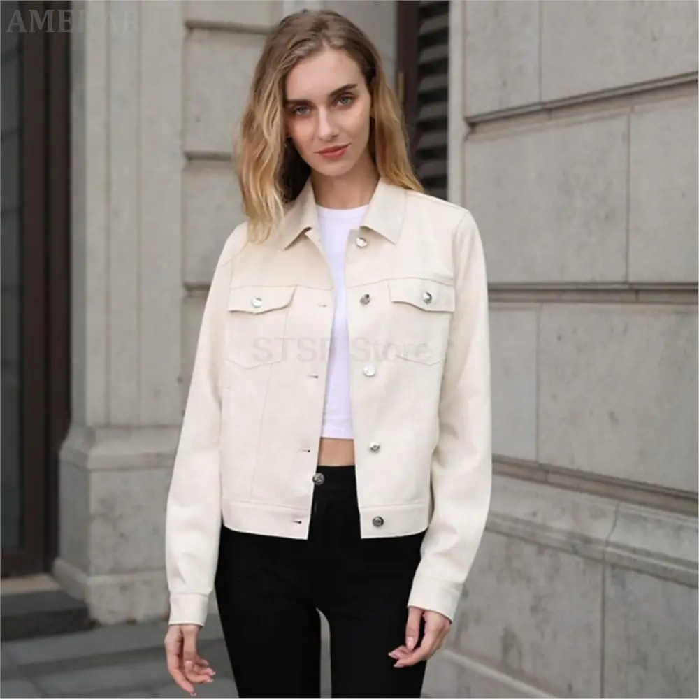 Women Real Suede Fashionable Coat Real Suede Fashion Simple Biker Coat Spring Summer Autumn Pure Color Lapel Classy Jackets Coat