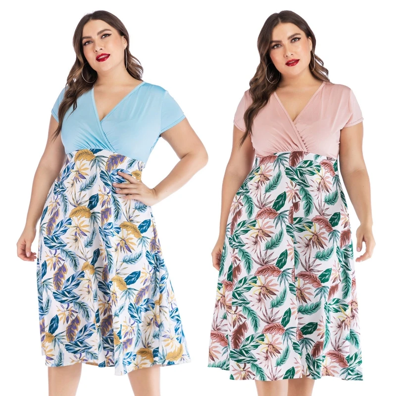 

Women Short Sleeve Wrap V-Neck Colorblock Leaves Print A-Line Midi Flowy Dress