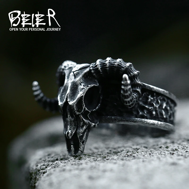 

Beier 316L Stainless Steel Nose Viking Ancient Dish Sheep Head Skull Man Ring Vintage Opening Animal Jewelry BR8-042