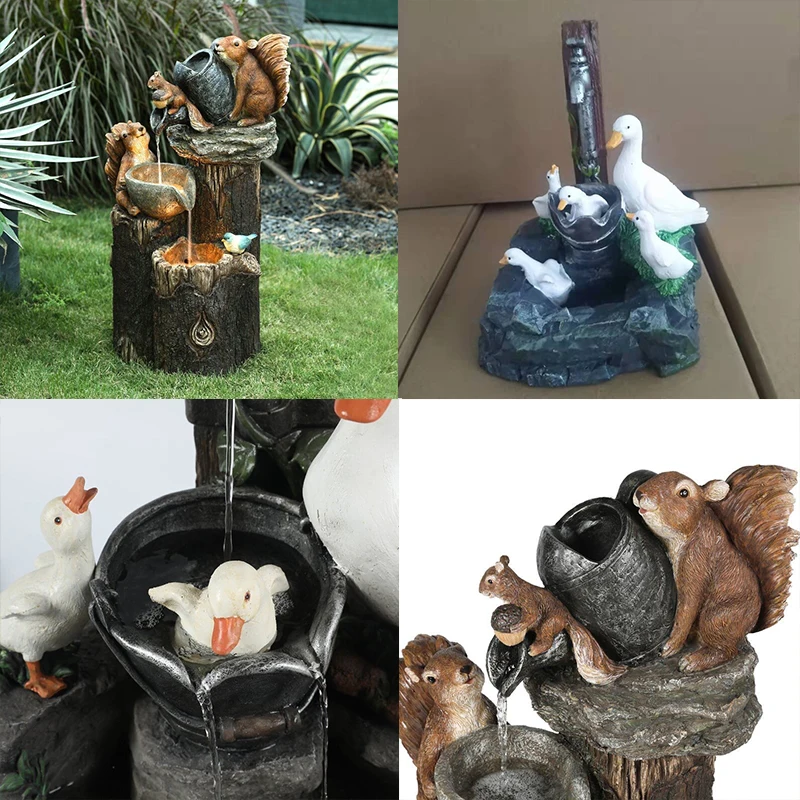 

Duck Squirrel Family Solar Power Resin Patio Fountain Waterfall Statue Garden Patio Landscape Design With Led Light Garden Decor