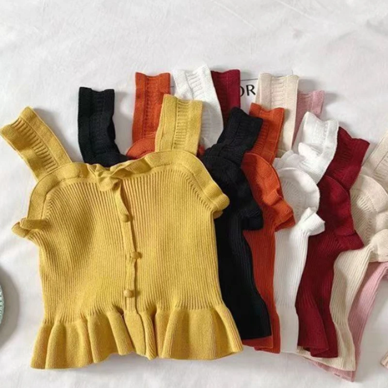 

ITOOLIN 2022 Y2K Buttons Cute Women Cropped T-shirt New Streetwear Stripe Sexy Summer OFF White Ruffles Sleeveless Tops