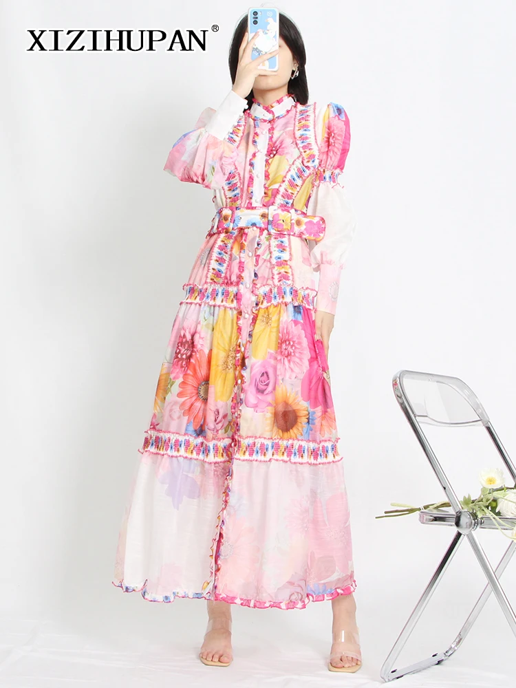 

XIZIHUPAN Vintage Print Floral Dress For Female Stand Collar Loose Long Sleeve High Waist With Sashes Colorblock Dresses Fashion