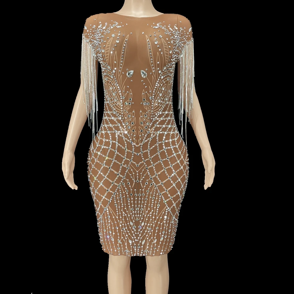 

Sexy Mesh See Through Rhinestones Chains Crystal Short Dress Women Prom Party Outfit Evening Celebrate Birthday Dress Stage Wear