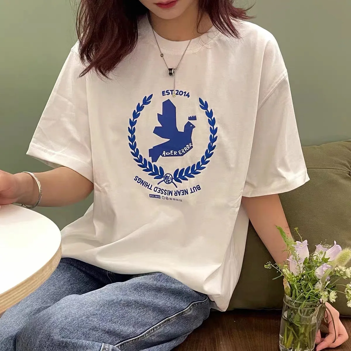 

New ADER Peace Dove Retro American Unisex Short Sleeve Couple T-Shirt Summer Round Neck Half Sleeve Graphic Tees Women