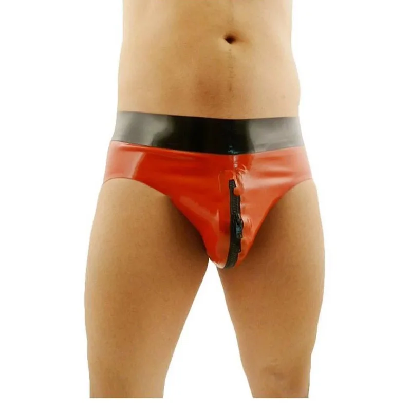 

Latex Shorts Rubber Briefs with Front Crotch Zipper Red Trims Underwear Pants Club Wear Costume Handmade