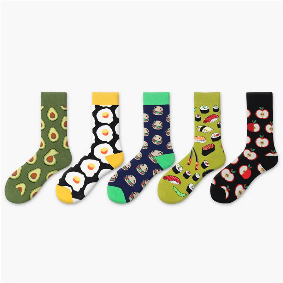 Fashion Art Harajuku Men‘s Socks Fruit Printed Happy Socks Avocado Apple Cherry Crew Men Funny Meias Cotton Soft Cozy Dropshippi