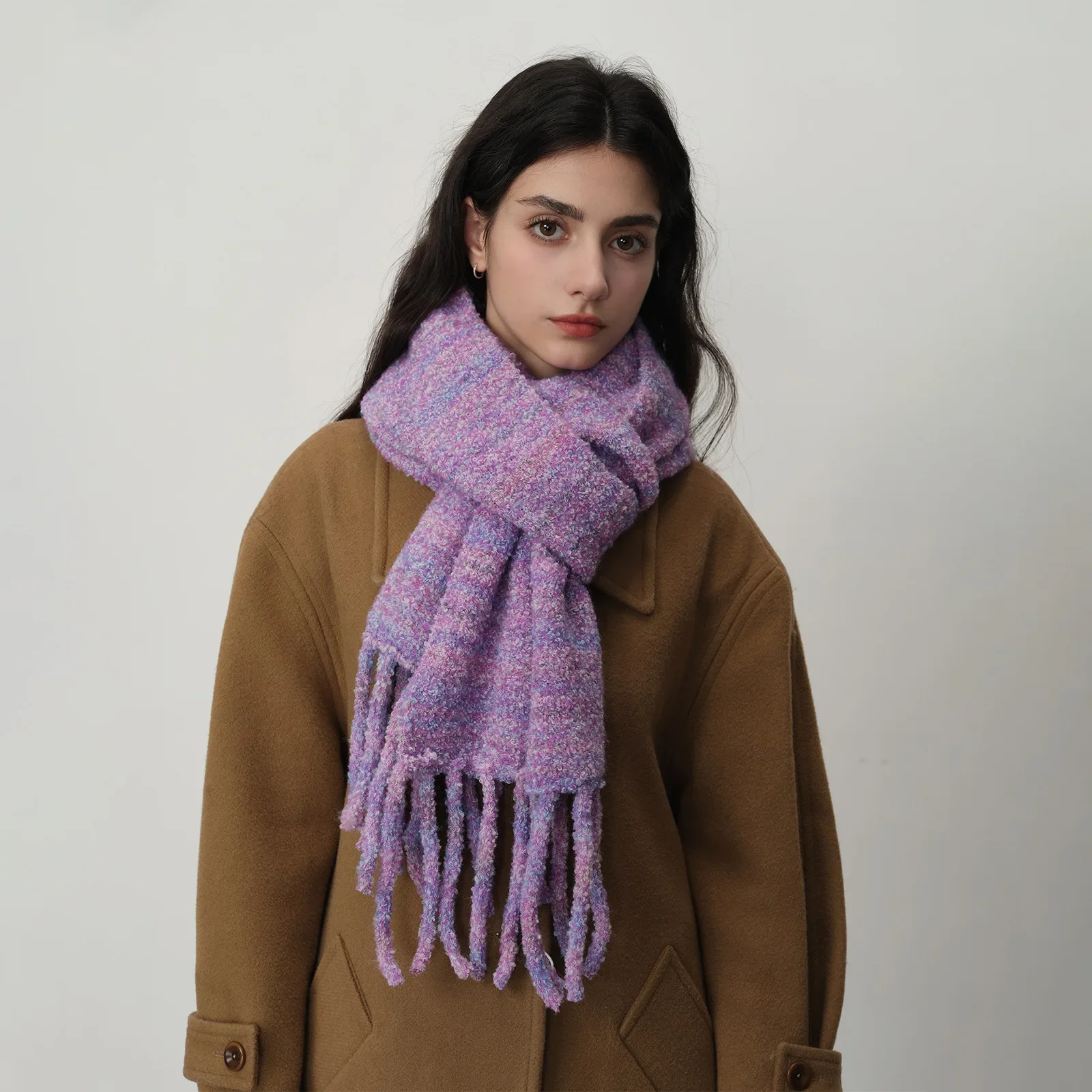 Синие вязаные шарфы с шерстяной кисточкой однотонные накидки для женщин зимняя