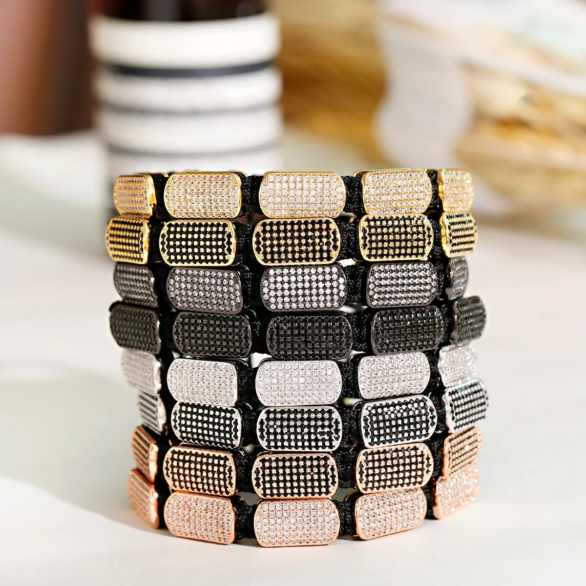 

Black Rectangle Zirconium Hand Braided Bracelet For Men Women Copper Beads Classic Metal Adjustable Handmade Chain Bangle