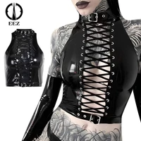 black faux pu tie up halter tank coquette women corset crop top streetwear sleeveless summer punk baddies sexy bandage camisole