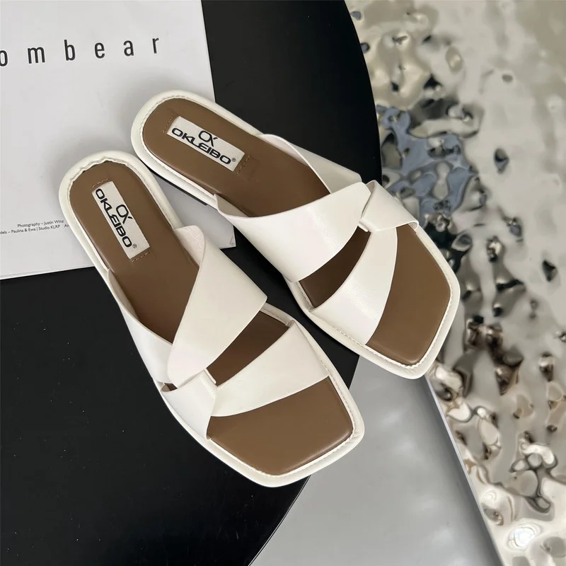 

Summer new women's shoes brown thick-heeled cow leather sandals square toe cross with open toe back high heels slippers