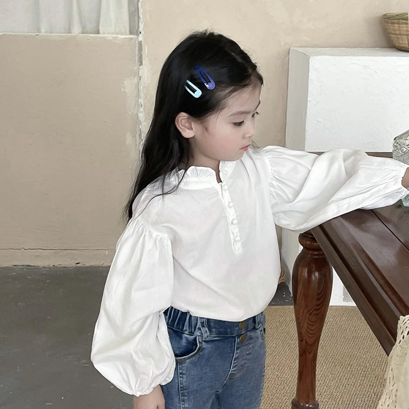 

Демисезонная блузка для девочек, детские топы, детская блузка для малышей, детская одежда, модная белая детская блузка с рукавами-фонарикам...