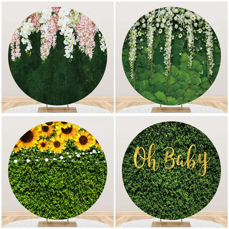 

Round Backdrop Green Grass Floral Wall Photo Background Kids Birthday Baby Christening Party Decor Circle Cover Banner Elastic