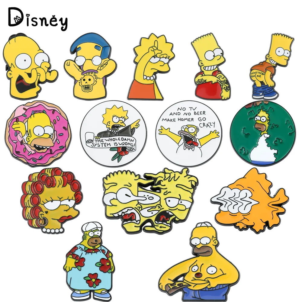 Disney The Simpsons Brooch Cute Cartoon Jewelry Cosplay Bart Homer Badge Enamel Brooch Jacket Lapel Pin Accessories for Kid Gift