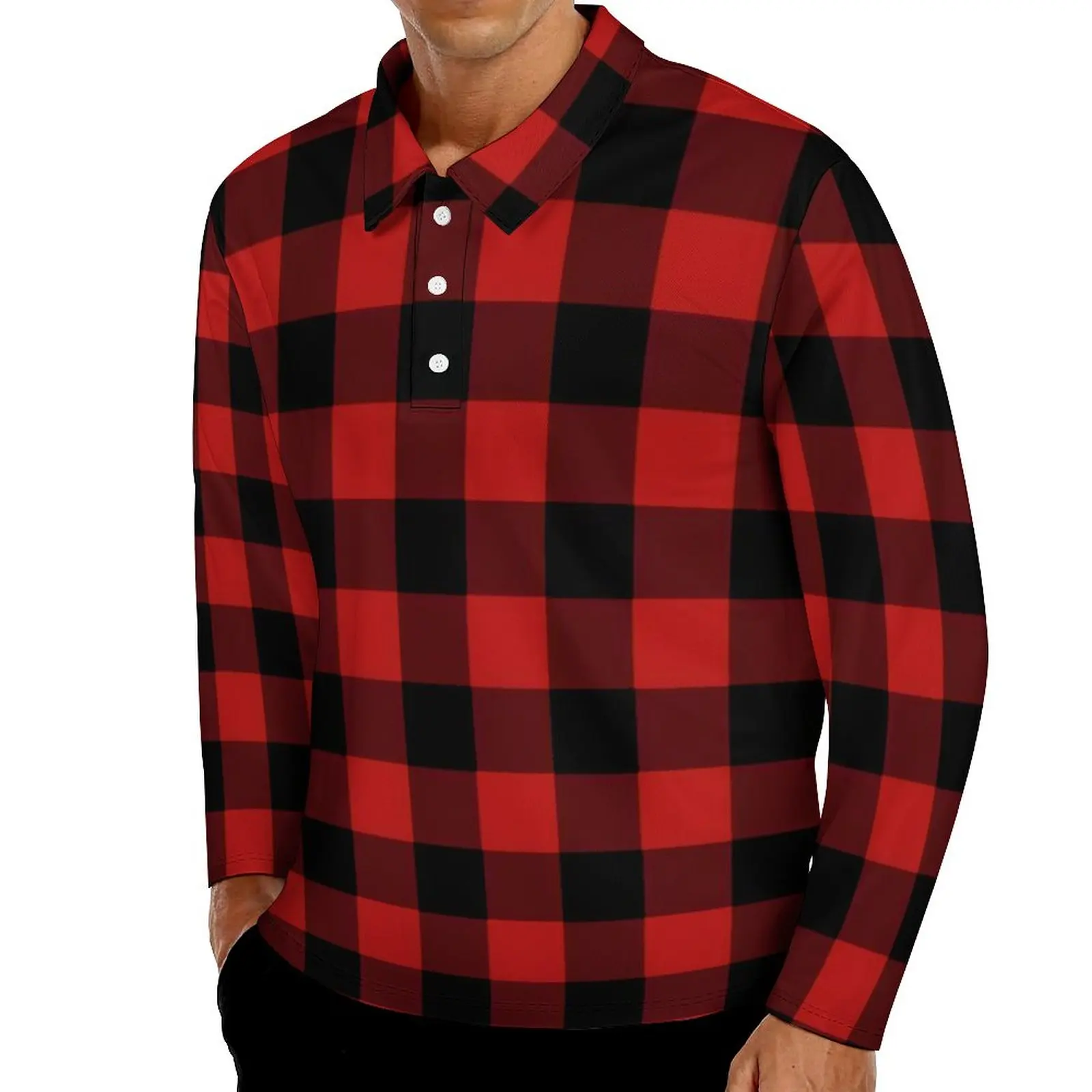 

Buffalo Plaid Casual Polo Shirts Red and Black Checks T-Shirts Long Sleeve Graphic Shirt Autumn Fashion Oversize Tops Gift Idea