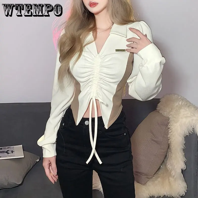 

Puff Sleeve Long Sleeved T-shirt Pleated Design Slim Sexy Sweet Spicy Girl Women Short Top Fashion Y2K Navel Exposed Spring