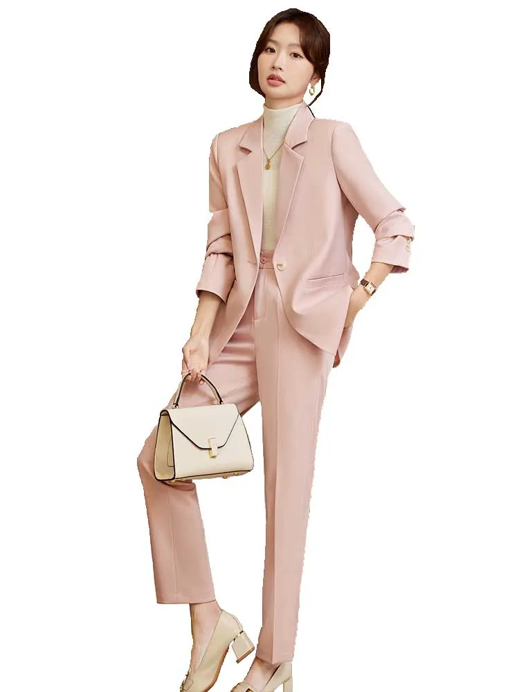

White Pink Black Women Pant Suit Office Ladies Business Work Wear Formal 2 Piece Set Female Loose Jacket Blazer And Trouser